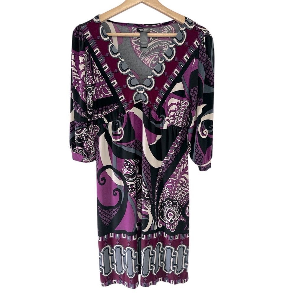 Vintage Bisou Bisou Purple Paisley Print Dress Size 8 Y2K Colorful Empire Waist